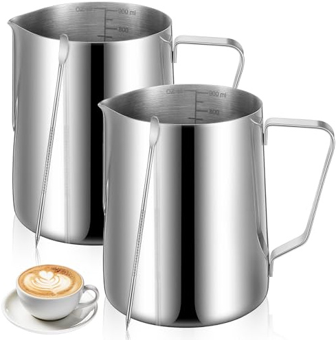 2 Pcs Milk Frothing Pitcher, 32 Oz Stainless Steel Steaming Pitcher for Espresso, Cappuccino, Barista Frother Jug with Tick Mark and Latte Art Pen, Silver