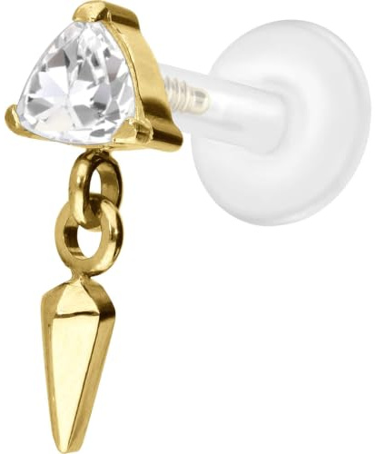 PIERCINGLINE Piercing Stecker PTFE Labret mit Innengewinde + Titan-Aufsatz KRISTALLDREIECK + SPITZE - Roségoldfarben, Transparent, Schwarz, Goldfarben, Silberfarben