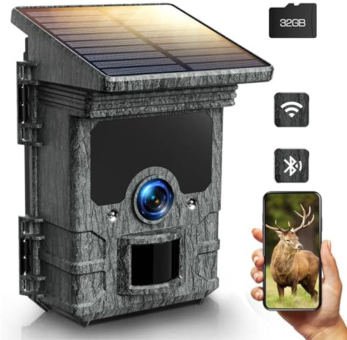 VOOPEAK Cámara de caza solar WiFi 4K 30fps 85MP, cámara de caza con aplicación de transmisión de teléfono, cámara de animales salvajes con detector de movimiento, visión nocturna con tarjeta micro SD