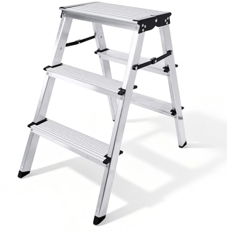Sweetcrispy Leiter, Trittleiter, Aluminium Stehleiter mit 3 rutschfesten Stufen, Aluleiter klappbar, Leichte Mehrzweckleiter, bis 150 kg belastbar, Faltbar Haushaltsleiter für Indoor Outdoor, Silber