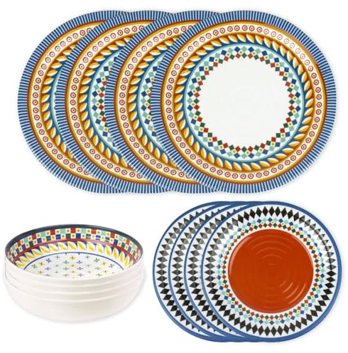 VESTA Juego de 12 platos Foulard – 4 platos llanos + 4 platos hondos + 4 platos de postre – Melamina – Apilables – Fabricado en Italia