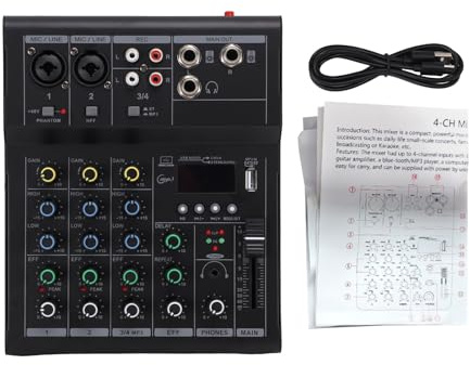 CHICIRIS Mini Mixer Audio, Console di Mixaggio Portatile a 4 in Metallo per DJ e Musicisti, con USB BT MP3 e Alimentazione Phantom 48V (BLACK)