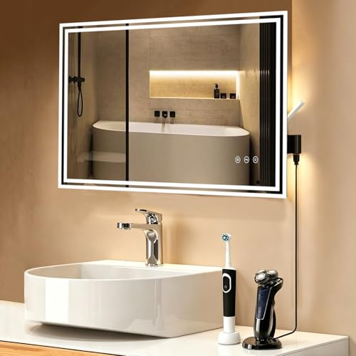 GIMBELEN Badspiegel mit Beleuchtung 80x60, Led Spiegel Bad mit Steckdose, 3 Lichtfarben, Dimmbar, Badezimmerspiegel mit Antibeschlag und Touchschalter IP44