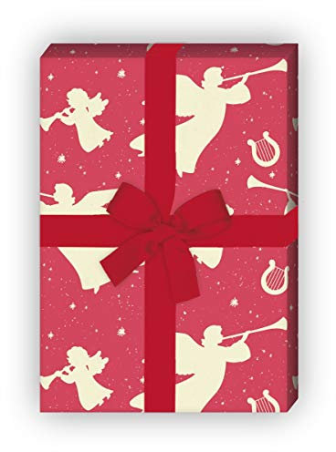 Kartenkaufrausch Rotes Grunge Retro Weihnachtspapier mit Engeln und Harfen, für liebe Geschenk Verpackung zum Einpacken 32 x 48cm, zu Weihnachten Adventszeit, universal Geschenkpapier