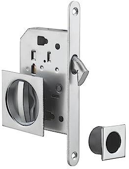 Serratura a gancio per porta scorrevole, asse 50 mm, chiusura WC, rosette quadrate, nichelata – THIRARD