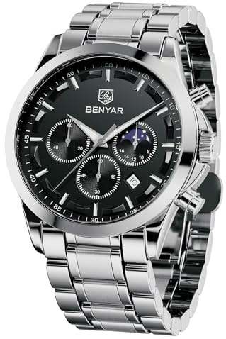 BENYAR Herren Uhr Chronograph Analog Quarz Stilvolle Edelstahlarmband Armbanduhr Wasserdicht Leuchtende Datum Herrenuhren Elegantes Business Uhren Geschenk für Männer