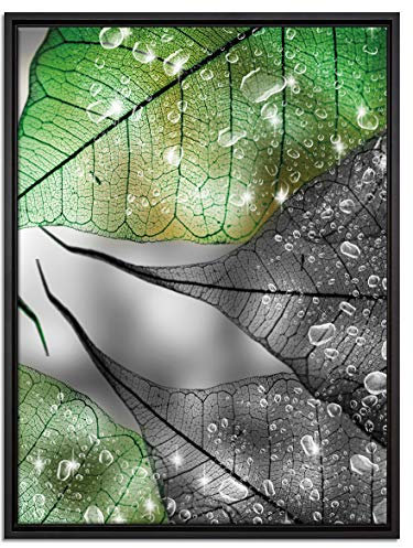 Pixxprint grüne Blätter mit Wassertropfen Leinwandbild 80x60 cm im Bilderahmen, Wandbild, Schattenfugenrahmen, Kein Poster