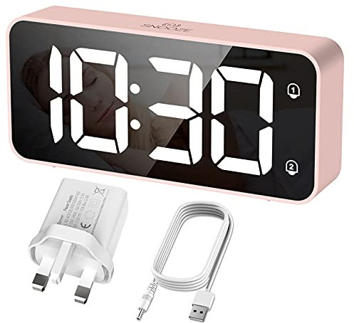 HERMIC Digital Alarm Clock Bedside Mains Powered Large Digital Led Display, Full-Range Brightness Dimmer, Adjustable Alarm Volume, Snooze, Dual Alarm, 12/24H, Easy to Use Pink