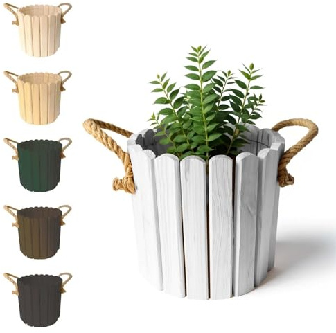 Floranica Runder Blumentopf aus Kieferholz Pflanzentopf Blumenkasten Kräutertopf Behälter für Blumen Kräuter der Pflanzen Dekoration für Haus Garten Für Innen- und Außenbereich 33x30cm Weiß