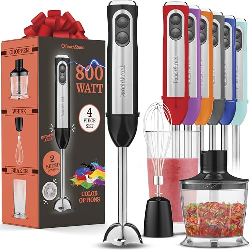 Blender plongeant multifonction avec puissant moteur en cuivre de 800 W, haute vitesse, mode turbo, mixeur plongeant 3 en 1, lames en acier inoxydable, fouet, verre de