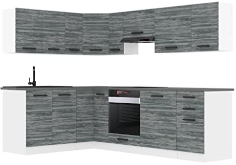Belini Küchenzeile Küchenblock Küche L-Form Janet Küchenmöbel mit Griffe, Einbauküche ohne Elektrogeräten mit Hängeschränke und Unterschränke, ohne Arbeitsplatten, Glamour Wood