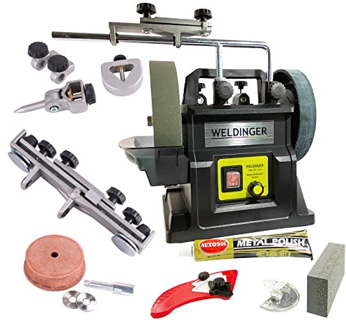 WELDINGER Nass- Schleifmaschine NSM 200 vario 160 W Drehzahl regelbar mit 5-teiligem Schreinerset SRS-23 (Schleifgerät Doppelschleifgerät Naßschleifer Schleifer 5 Jahre Garantie)