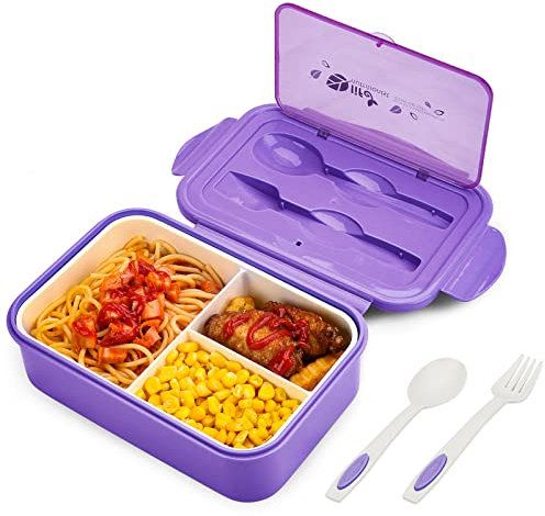 BIBURY Fiambrera, caja bento a prueba de fugas para niños y adultos, recipiente para alimentos con 3 compartimentos y juego de cubiertos, lonchera para microondas y lavavajillas (Púrpura)