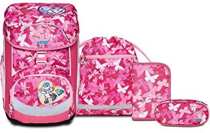 SJ Schulranzen set 4-teilig Ergonomischer Schulrucksack, Ultraleichte Schultasche, 22 LT, ab 1. Klasse mit Mäppchen und Turnbeutel, Kinder Grundschule Mädchen Junge, blau/schwarz