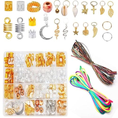 BOSOIRSOU 301 Stück Haarschmuck und Haargummi für Dreadlocks, 241 Stück Schmuckanhänger Perlen Haargummis Haaranhänger für Zöpfe, 30 Stück Dirty Braid Hair String Haarstyling Zubehör