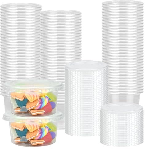 50 recipientes de almacenamiento con tapa, 5,3 oz/150 ml, a prueba de fugas, de plástico, con tapa, para salsas, salsas, especias, ketchup, apto para microondas