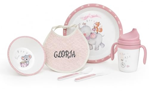Danielstore Vajilla Bebé 5 Piezas | Apta Microondas y Lavavajillas | Libre de BPA | Incluye Plato, Cuenco, Cubiertos y Vaso con Pitorro, Juego de 5 Piezas | Babero incluido(Music rosa)