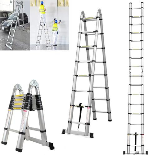 Scala telescopica da 5 m, con stabilizzatore, 2,5 m + 2,5 m, portatile, multiuso con piedini in gomma antiscivolo, scala allungabile, scala pieghevole in acciaio inox, 150 kg, per giardino interno
