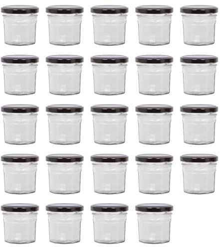 Argon Tableware Glass Jam Jars with Airtight Black Lids - 90ml - Pack of 24 - Empty Screw Top Kitchen Storage Jar for Food, Honey, Spice, Pickling, Preserving, Candle Making