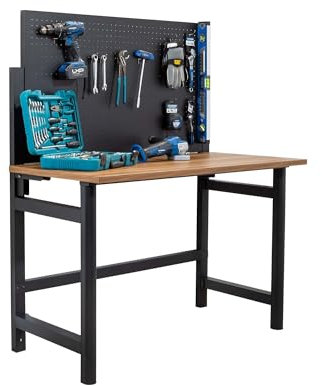 Kompak Banco de Trabajo Plegable de Pared con Altura Regulable - Mesa de Trabajo Plegable con Panel Perforado y Ganchos - Banco de Trabajo con Encimera de Madera y Estructura de Acero Reforzado