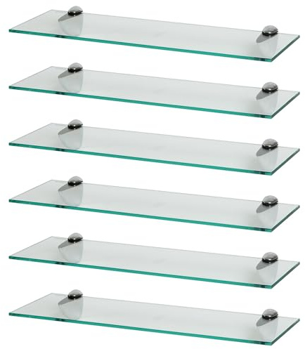 Harbour Housewares 6X Klar 60cm Schwebende Wandregale aus Glas - Badezimmer Dusche Küche Regale Lagerung Anzeigeeinheit mit Silberne Klammern
