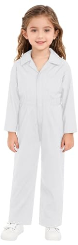 Yhong Kinder Einteiler Jumpsuit Arbeitsoverall dünne Ganzkörperanzug Arbeitshose Lang Stretch Langarmbody Hosenanzug Handwerker Maleranzug Uniform Weiß- 158-164