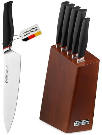 GROSSMAN Bryant Messerblock 5-teilig – Küchenmesser Set mit schwarzen Griffen – deutsche Edelstahlklingen – Messerhalter aus Gummibaumholz in Kupferbraun – rutschfest & robust