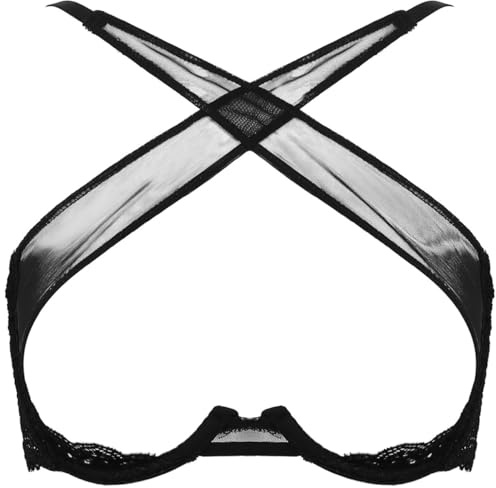 Freebily Frauen Hebe BH Ouvert Dessous Spitze Büstenhebe Offen Mit Bügel Transparente Leder Büstenhalter Brust Offen Reizwäsche Schwarz XXL