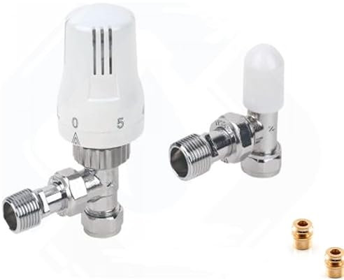 TRV Thermostatic Radiator Valve and Lockshield | 1/2inch X 15mm Radiator Valve Thermostatic | Angled Radiator Thermostat Valve Twinpack with 10mm Reducers- White