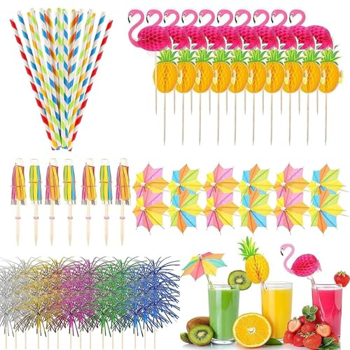 100 PCS Cocktail Drinks Decorations Accessories Including Umbrellas Stirrers Reuseable Paper Straws Sparkler Sticks Pineapple Stirrers Flamingo Stirrers for Beach Birthday Festival Tropical