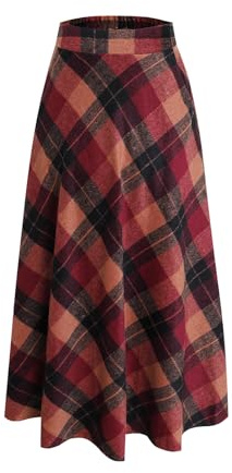 BiilyLi Jupe Longue Femme Hiver Élégant Carreaux Haute Taille Maxi Jupe en Laine A-Line Taille élastique Skirt Rouge -M