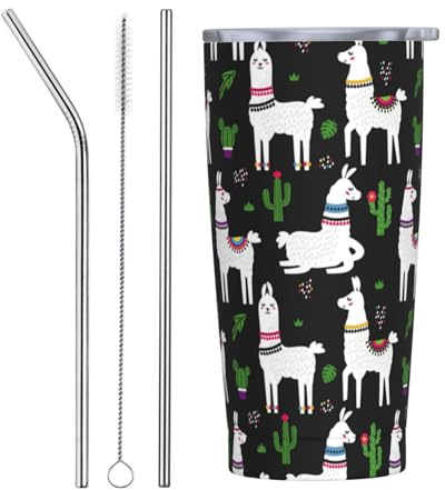 VOSERY Botella de agua de 20 onzas con tapa y popote, llama, alpaca, cactus, negro, lindo vaso aislado de acero inoxidable, taza de café de viaje, vaso personalizado