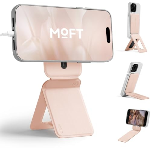 MOFT MOVAS - Supporto magnetico per cellulare, in pelle vegana, mini treppiede per iPhone 17/16/15/14/13/12, serie con regolazione dell'angolo e magneti forti (pesca rosa)