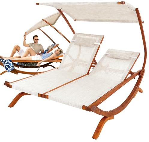 di volio Doppelliege aus Lärchenholz mit Dach für 2 Personen Outdoor Pionza | 280 kg belastbar, getrennt verstellbare Rückenlehnen, Sonnendach, Kopfkissen, Teslin-Gewebe, Terrasse, Garten, Pool