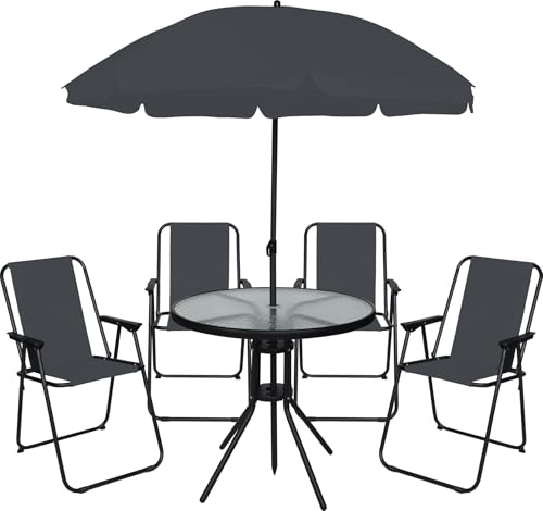 OHS 6 Piece Garden Furniture, Garden Table and Chairs with Matching Parasol 4 Folding Dining Chairs Round Tempered Glass Table Poolside Balcony Outdoor Patio Set, Grey