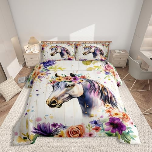Homewish Pferd Bettwäsche 135x200 Kinder Mädchen, Wildtier Bedruckt Bettbezug Niedlich für Teenager, Ästhetische Blumen Bett Set, mit 1 Kissenbezug Holzbrett Dekor, Weiche Mikrofaser