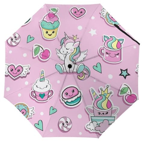 YBQLNP Kompakter Reise Regenschirm Rosa Einhorn Taschenschirm Automatisch Auf Und Zu Faltbarer Sonnenschirm