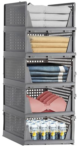 RAIN QUEEN 5 Stück Faltbaren und Stapelbar Kleiderschrank Aufbewahrungsboxen für Schlafzimmer Kleidung Lagerung Kunststoff Schublade Organizer (Grau) (Stil 4) | Graue，Kunststoff Organizer Schublade,Geeignet für die Kleideraufbewahrung im Schlafzimmer,Ankleidezimmer und in Mietwohnungen