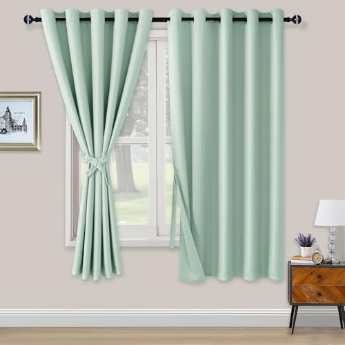 XWZO Blackout Curtains Shades Window Curtain Panels with Tiebacks- Noise Reduction and Thermal Insulated Eyelet Curtains for Bedroom,Living Room,Office,Study Room Bean Green W66xL72