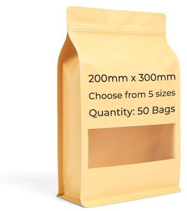 Home Range Lot de 50 Sachets Alimentaires en Papier Kraft 200 x 300 mm | Sacs à Fond Plat avec Fermeture Éclair et Fenêtre | Scellables à Chaud, Encoche de Déchirure, Emballage Refermable