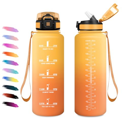 Sportflasche 1,5L, Auslaufsicher Trinkflasche mit Strohhalm, Wasserflasche Kohlensäure Geeignet, Motivierende Trinkflasche mit Zeitmarkierung, Wasserflasche für Klettern, Reisen, Fitnessstudio, Gym