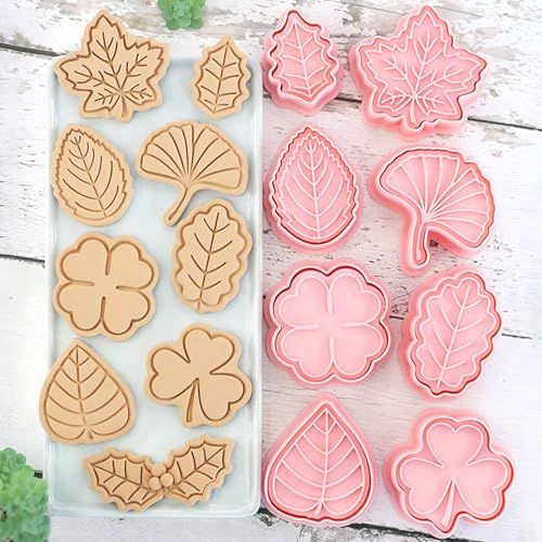 8-teiliges Ausstechformen-Set mit Blättern, Herbstformen zum Backen, Ahorn, Eiche, Stechpalme, Kleeblatt, Ginkgo, geprägte Keksausstecher mit 4 Blättern, für Herbst, Erntedankfest, Urlaub und
