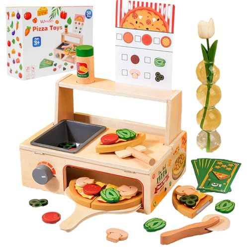 Tatqilo Wooden Pizza Counter Play Set, 50 PCS Pizza Food Toys With Oven and Kitchen Accessories, DIY Baking Playset Set, Wooden Kitchen Toys for Boys Girls Ages 3+