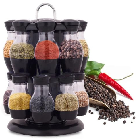 LSQCSN 2 Layers Rotating Spice Rack, 16 Jar Spice Glass Jars, Turntable Cupboard Organizer Rack with Handle for Home Kitchen