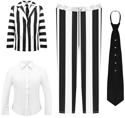 Lyxaof Adult Striped Suit Black & White Costume with Black Tie Fancy Halloween Carnival Theme Party Cosplay Dress Up Outfit for Men