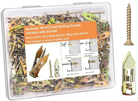 160 Pcs Self Drilling Drywall Anchors with Screws, 80 Anchors (0.47x1.18 Inch) & 80 Expansion Screws, Drywall Expansion Plugs and Screw,Plasterboard Wall Plugs