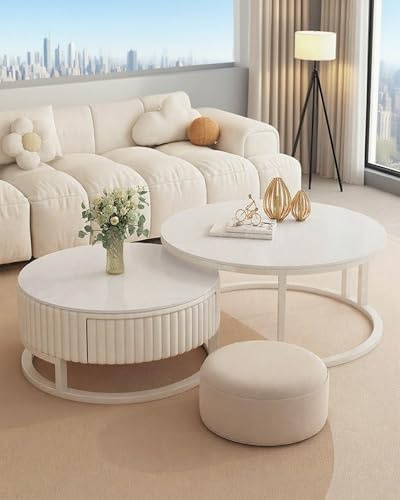 JPQTRYDRIS Moderne Runder Couchtisch 2er Set Weiß Nested Rund Couchtisch Wohnzimmertisch Satztische Kaffeetisch Für Wohnzimmer, Balkon Und Büro