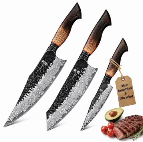 Minamoto Zen® OKAMI Damastmesser Set – Japanische Messerkunst – Echter 67-lagiger Damaststahl mit VG10 Kern – Hammerschlag-Finish – Eichenholzgriff – Küchenmesser Set