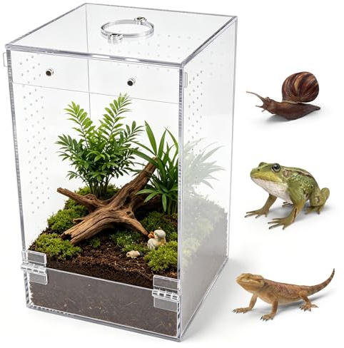 Homtone Akrylterrarium, insektterrarium, hoppspindel, terrarium, snigelterrarium med magnetdörr och foderöppning, lämplig för hoppspindlar, sniglar och insekter (15 × 15 × 25 cm)