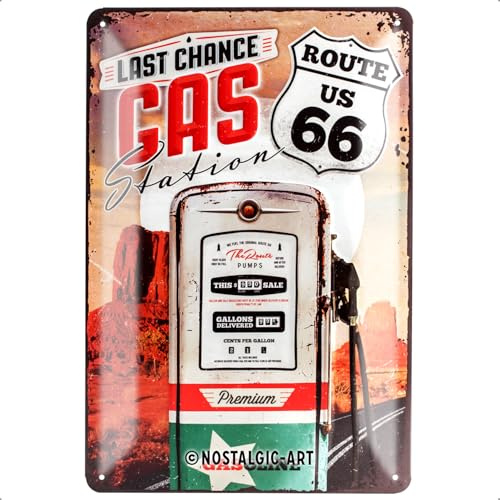 Nostalgic-Art Retro Blechschild, Route 66 Gas Station – Geschenk-Idee für USA-Fans, aus Metall, Vintage-Design zur Dekoration, 20 x 30 cm